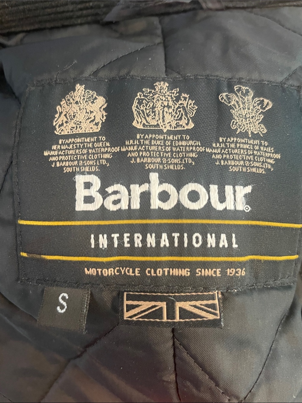 Barbour International Black Quilted Jacket with Yellow Piping. Duke-Small